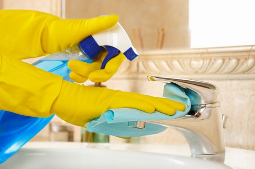Commercial cleaning team maintaining a bright office lobby