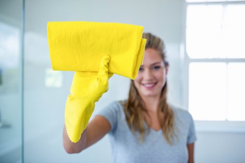 Technician using carpet cleaning equipment on a hallway carpet