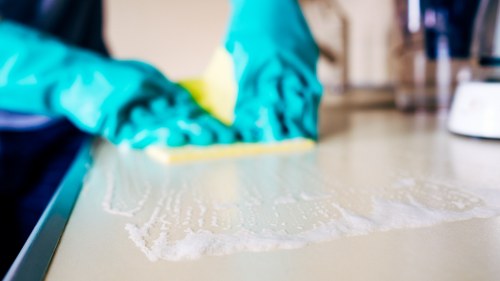 Bathroom deep cleaning with tile and fixture sanitizing